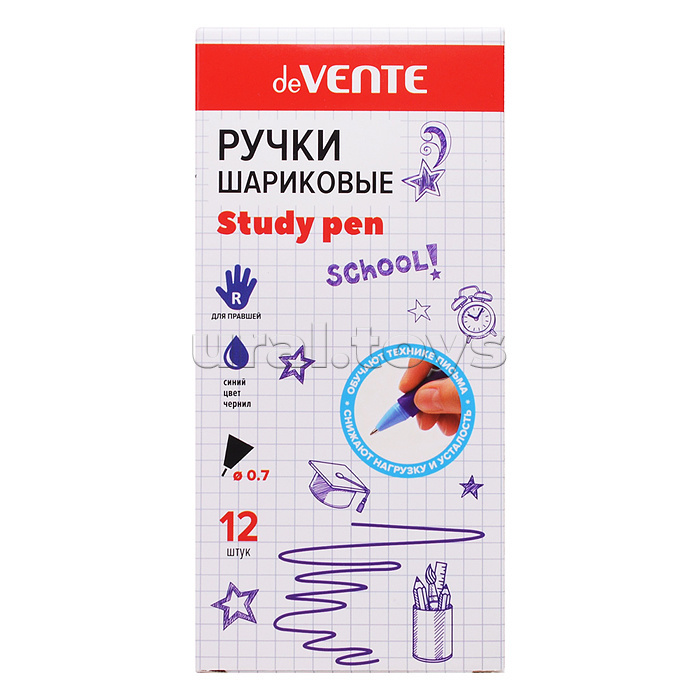 Ручка шариковая "Study Pen. School" обучающая письму, для правшей, d=0,7 мм, с эргономичным каучуковым держателем, сменный стержень, с индивидуальной маркировкой, синие чернила