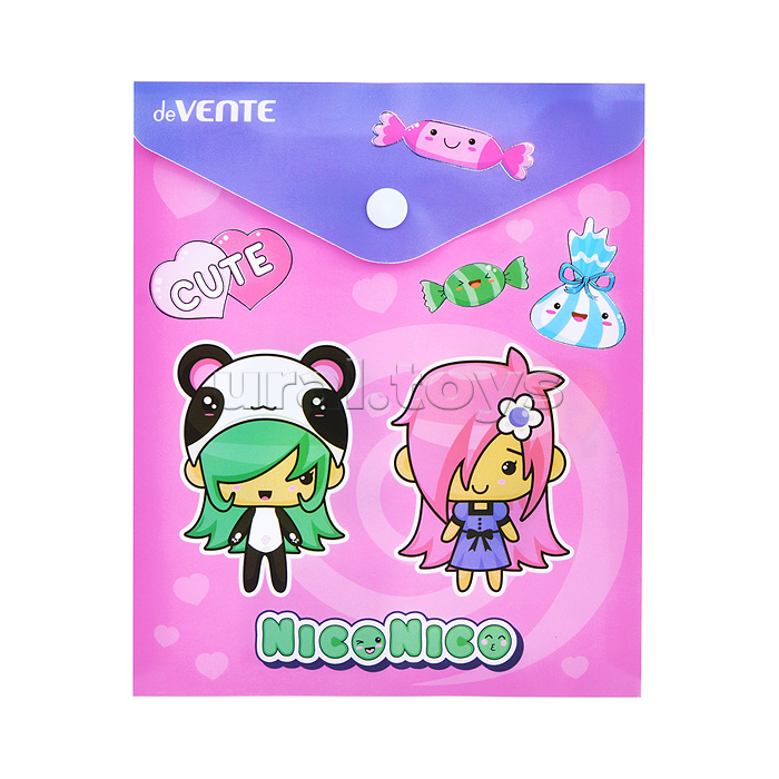 Папка-конверт на кнопке "NicoNico" A6 (140x170мм) 180 мкм, непрозрачная с рисунком, тиснение фольгой, индивидуальная маркировка, 2 дизайна ассорти