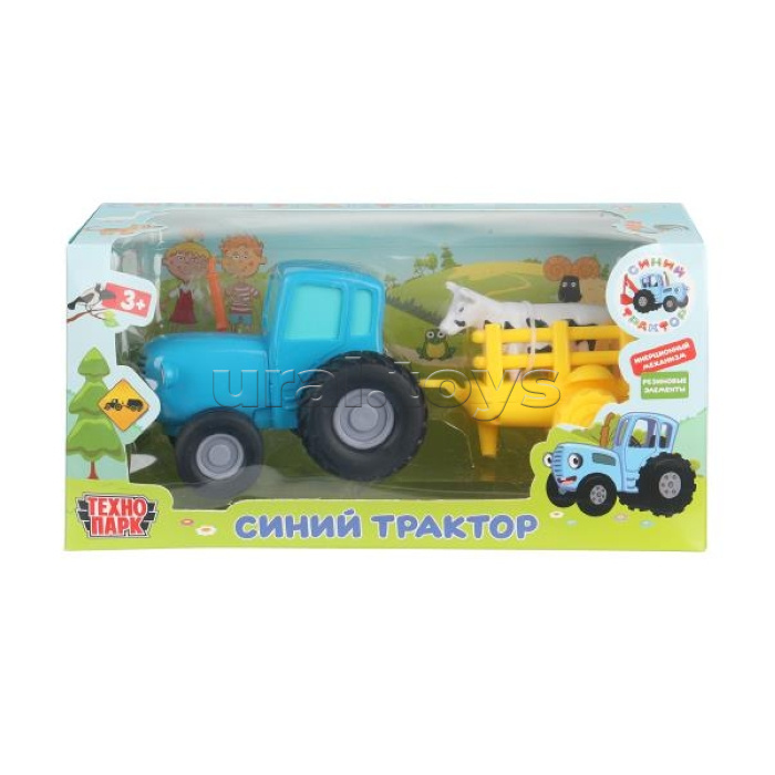 Машина металл Синий трактор с телегой и коровой 11 см, инерц, синий