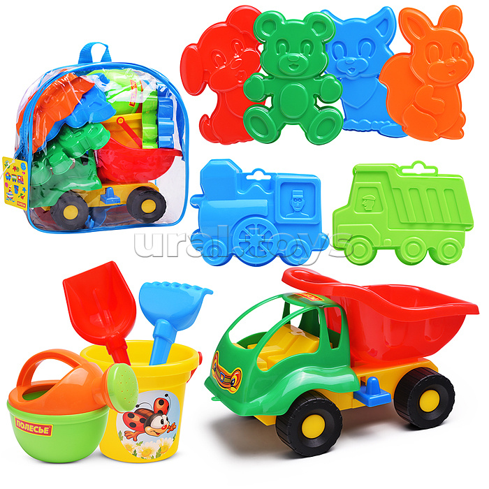 Набор №301 (в рюкзаке): "Муравей", автомобиль-самосвал + ведро малое, лопатка №5, грабельки №5, формочки (самосвал + паровоз + белочка + пёсик + котёнок + медведь), лейка малая №4