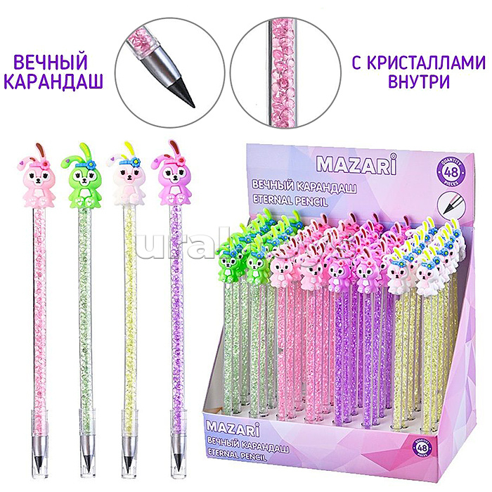 Карандаш вечный "Зайки" с кристаллами внутри корпуса, 4 цвета корпуса в ассортименте