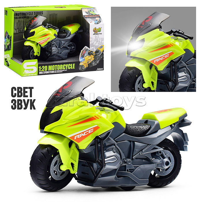 Мотоцикл "Спортивный" 1:20 (свет, звук) в коробке (цвет зеленый)