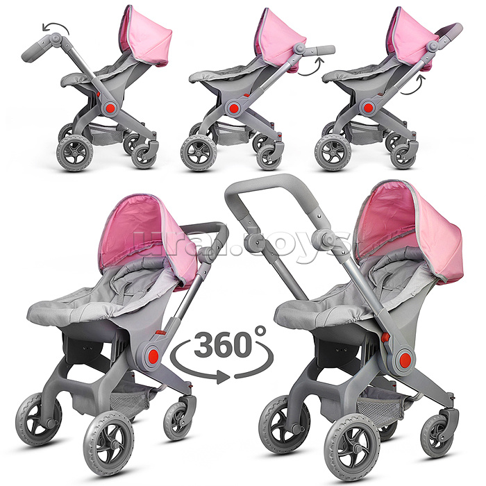 Коляская кукольная металлическая, с корзиной и козырьком, цвет серо-розовая