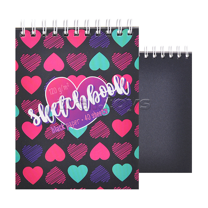 Скетчбук 40л. А6 гребень S Сердечки (бумага чёрная 120 г/кв.м ) Премиум Скетчбук 40л. А6 гребень S Сердечки (бумага чёрная 120 г/кв.м ) Премиум