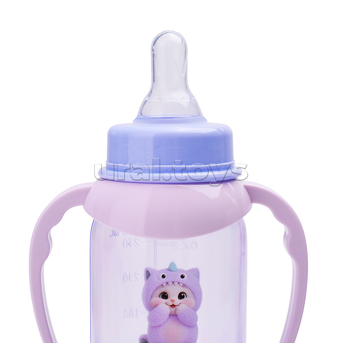 Бутылочка для кормления с соской M, классика 250 мл, ручки, "Пушистики" ассорти