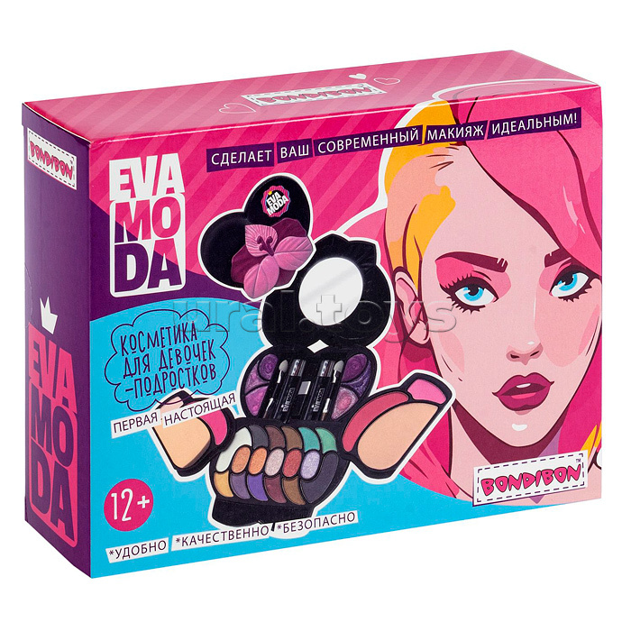 Набор детской декор. косметики Bondibon Eva Moda, BOX 16,5х12,5х4,5 см; тени для век-17шт.(12,48г), блеск для губ-6шт.(4г), румяна-4шт.(5,28г), пудра-1шт.(3,68г), тушь-2шт.(3,2г), аппликатор-3шт., пуховка-1шт., зеркало-1шт.,
