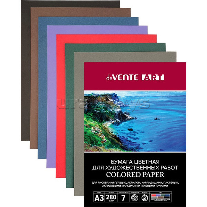 
Папка для художественных работ A3 (420x297 мм) "ART" 280 г/м?, 7 л, 7 цв, папка мелованный картон 210 г/м?, в пластиковом пакете