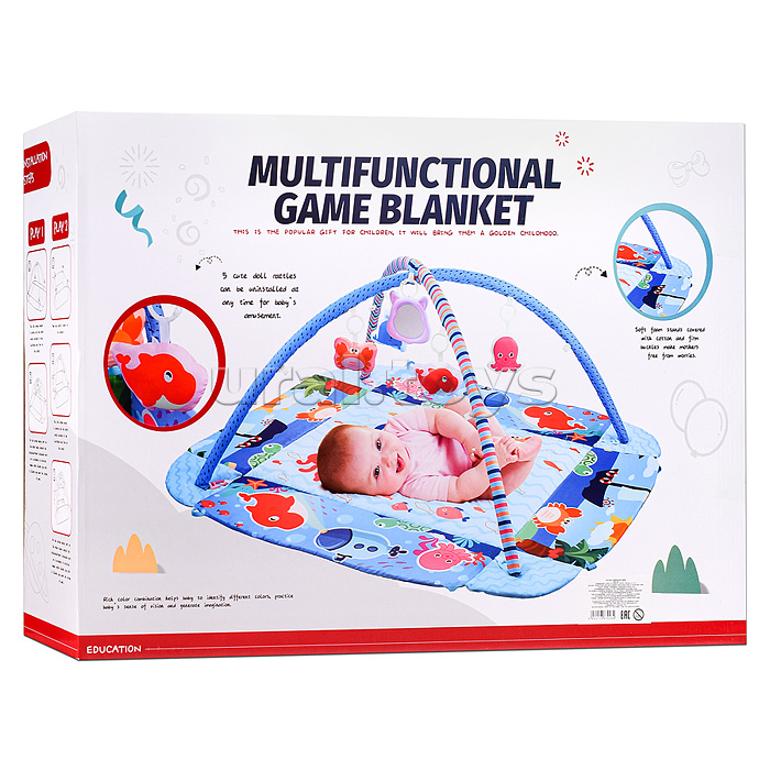Детский развивающий коврик "Морские жители" с бортиками и шариками, в коробке