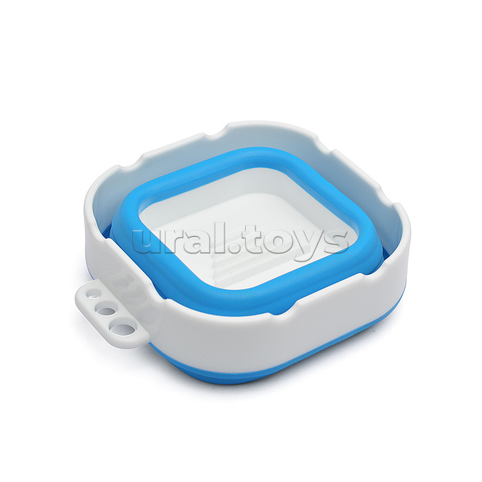 Стакан складной для ИЗО 300 мл, 9,5x9,5x8 см, высота 8 см, в сложенном виде 3 см, силиконовый, с пластиковым бортом, дном и держателями для кистей, голубой с белым