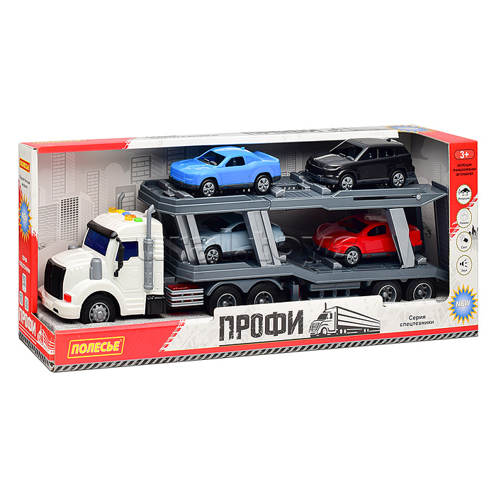 Профи, автомобиль-тягач с полуприцепом-автовозом инерционный (со светом и звуком) + автомобиль "Оптима" (4шт) (в коробке)
