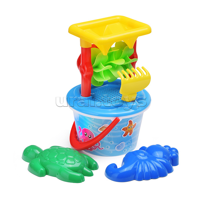 Набор №348: песочная мельница №2 с основанием ситечко среднее №2, ведро среднее с наклейкой, совок №2, грабельки №2, формочки (черепаха + морской конёк)