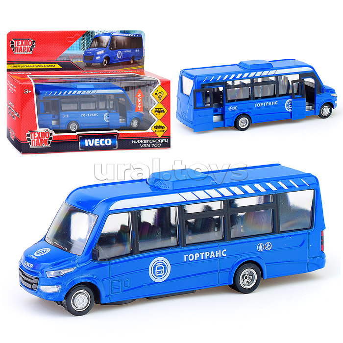 Машина металл Автобус Iveco Daily 15 см, (свет-звук двери, синий) инерц, в коробке