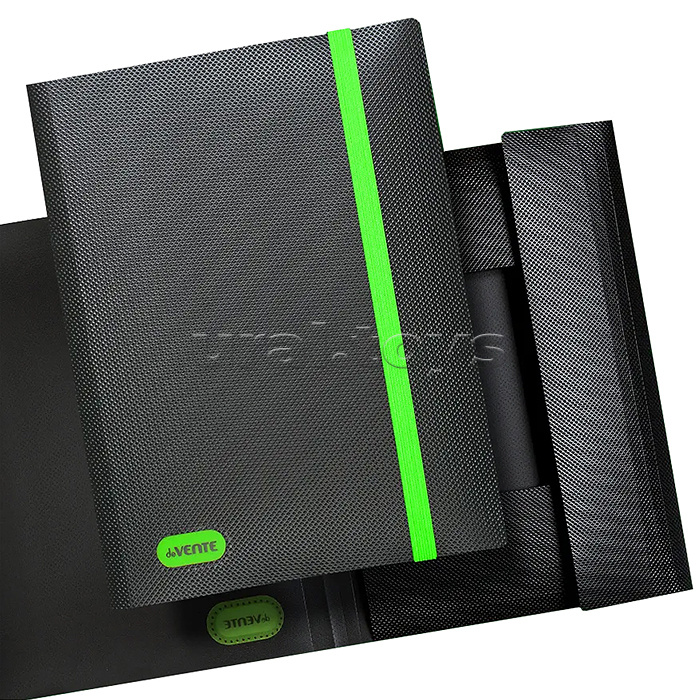 
Папка с резинкой "MonoChrome" A4 (320x235 мм) 500 мкм, с рельефной фактурной поверхностью, вертикальная неоновая зеленая резинка 15 мм, 3 клапана, индивидуальная маркировка, непрозрачная черная с неновым зеленым