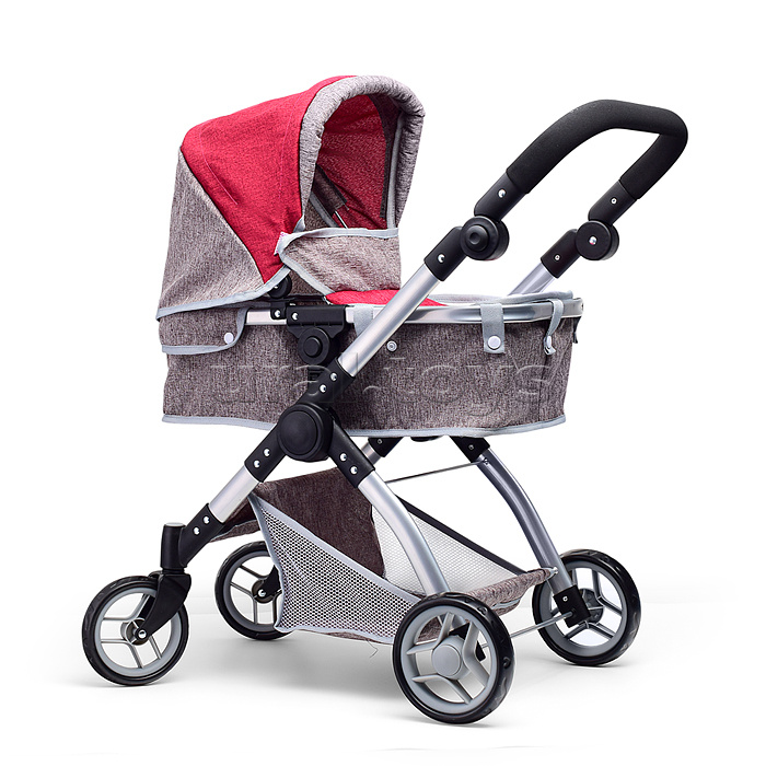 Коляска - трансформер для кукол, металлическая, регулируемая ручка, с корзиной, цвет серо-розовый