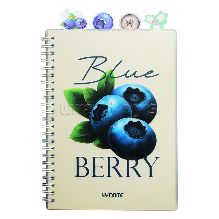 Тетрадь 80л. клетка "Fruits. Blueberry" с разделителями А5 (145x208 мм) белая бумага 70 г/м² пластиковая обложка на гребне, цветная печать, 4 пластиковых разделителя с фигурной вырубкой и дизайном