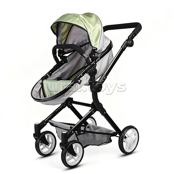 Коляская кукольная металлическая, прогулочная, с корзиной, серо-зеленая