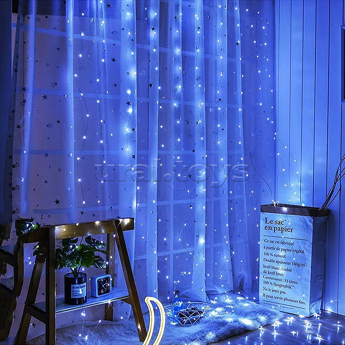 Электрогирлянда-занавес Роса, 3*3м, 300 ламп, USB, пульт, теплый