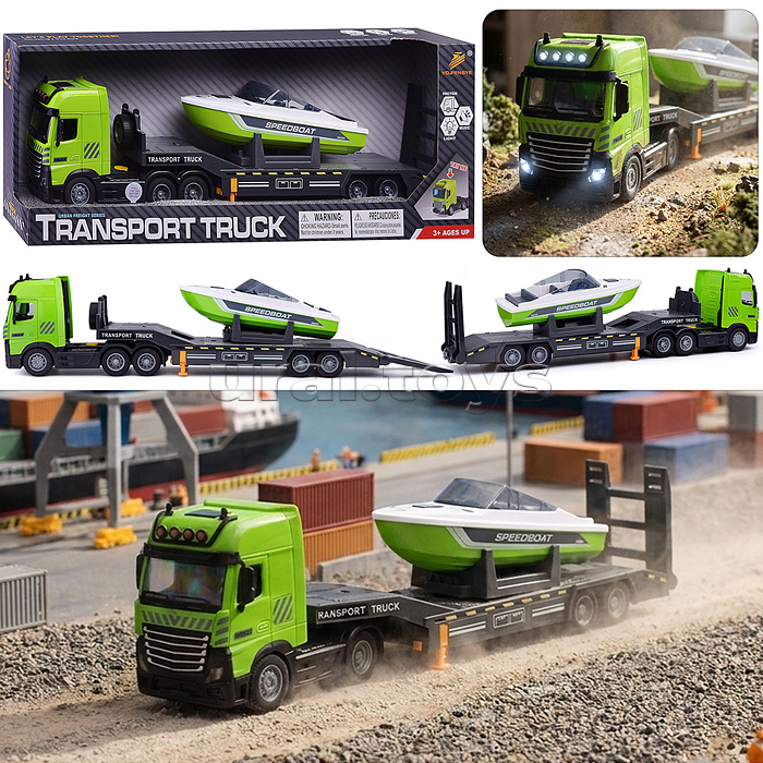 Машина PY8515A "Транспортный грузовик с моторной лодкой" (свет, звук), в коробке