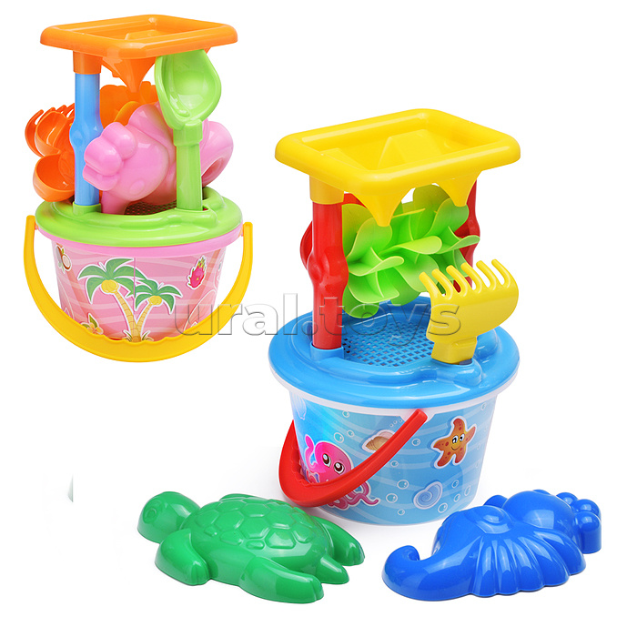 Набор №348: песочная мельница №2 с основанием ситечко среднее №2, ведро среднее с наклейкой, совок №2, грабельки №2, формочки (черепаха + морской конёк)