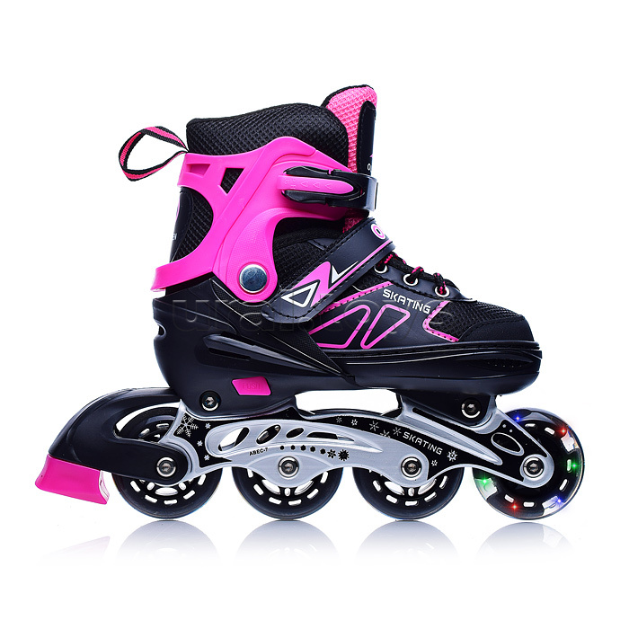 Роликовые коньки раздвижные, PU колёса со светом, размер S, черно-розовые, в сумке
