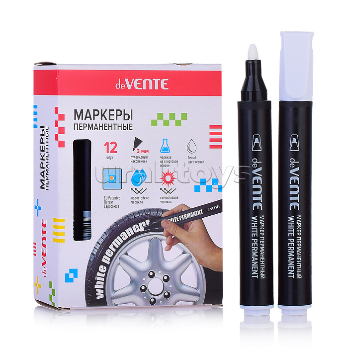 Маркер перманентный, круглый корпус, с клипом, пулевидный наконечник, ширина линии 3 мм, белый