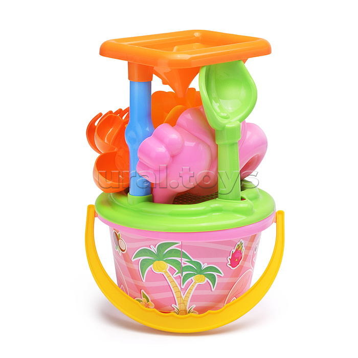 Набор №348: песочная мельница №2 с основанием ситечко среднее №2, ведро среднее с наклейкой, совок №2, грабельки №2, формочки (черепаха + морской конёк)