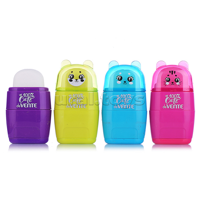 Точилка и ластик 2 в 1 "Cute" 2 отверстия, пластиковая цветная с контейнером, ластик белый из синтетического каучука, каждая с индивидуальной маркировкой, в картонном дисплее