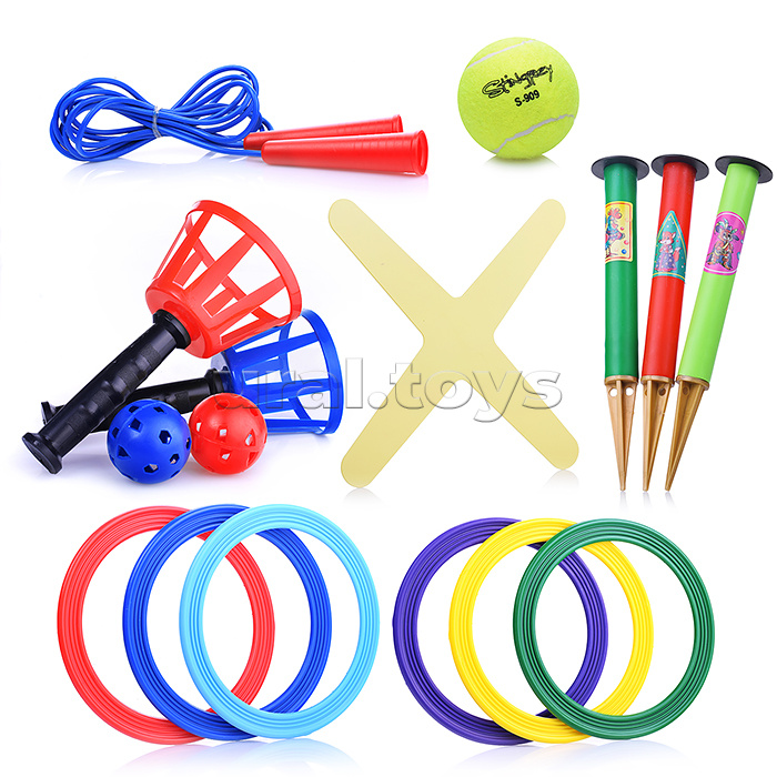 Игровой набор 5 в 1 "Лето в движении" (макси) - кольцеброс для игры на улице (3 стойки, 6 колец), скакалка 2,8м., мяч (d-64мм), бумеранг Моно четырехлопастной, поймай мяч (2 игрока)