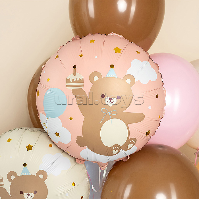 Шар (18''/46 см) Круг, Мишка с кексиком, Розовый, 1 шт. в уп.