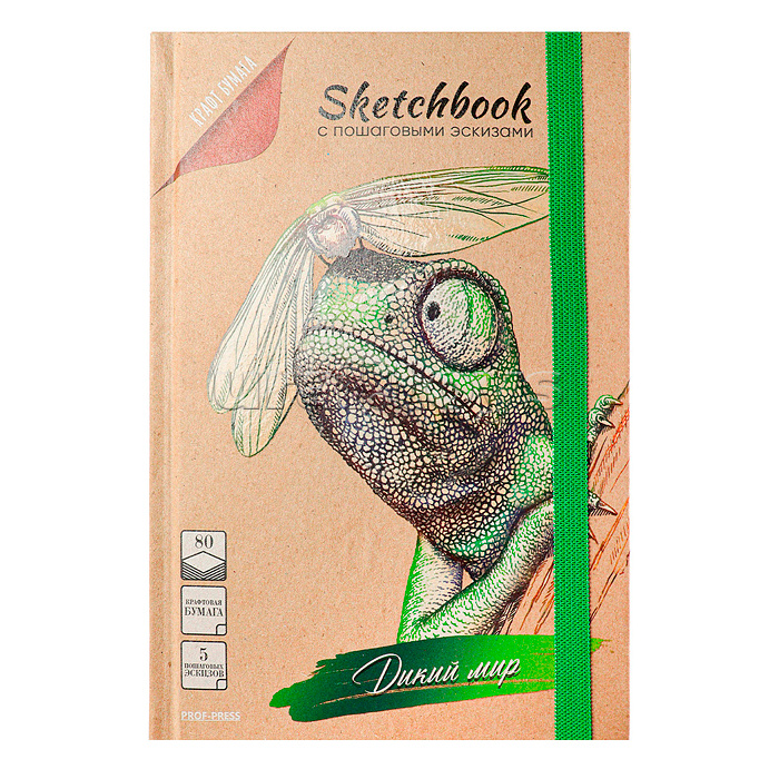 Скетчбук 80л. с пошаговыми эскизами "Дикий мир" 7БЦ, КБС с резинкой