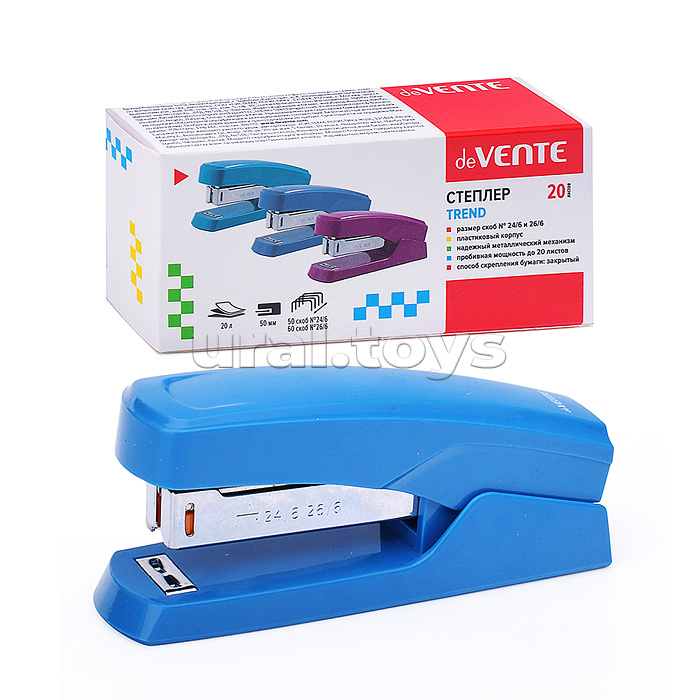 
Степлер "Trend" 24/6&26/6 (мощность 20 листов, глубина скрепления 50 мм) пластиковый, в картонной коробке, пепельно-синий