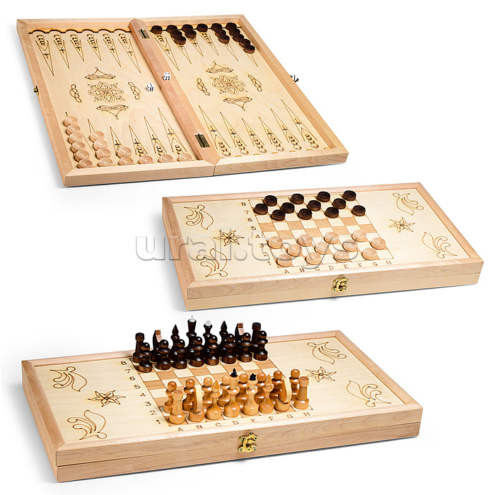 Набор подарочный 3в1 (нарды средние, рисунок-выжиание, шахматы, шашки) 500х250мм