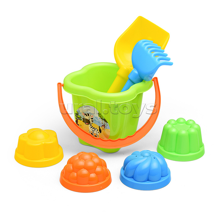 Набор №185: "Мираж", автомобиль-самосвал + ведро-цветок среднее, лопатка №5, грабельки №5, 4 формочки