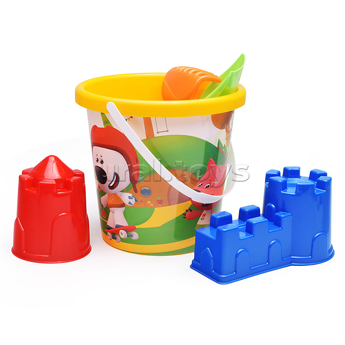 Набор "Ми-ми-мишки" №6: Ведро с наклейкой, лопатка №5, грабельки №5, формочки (замок мост + замок башня)