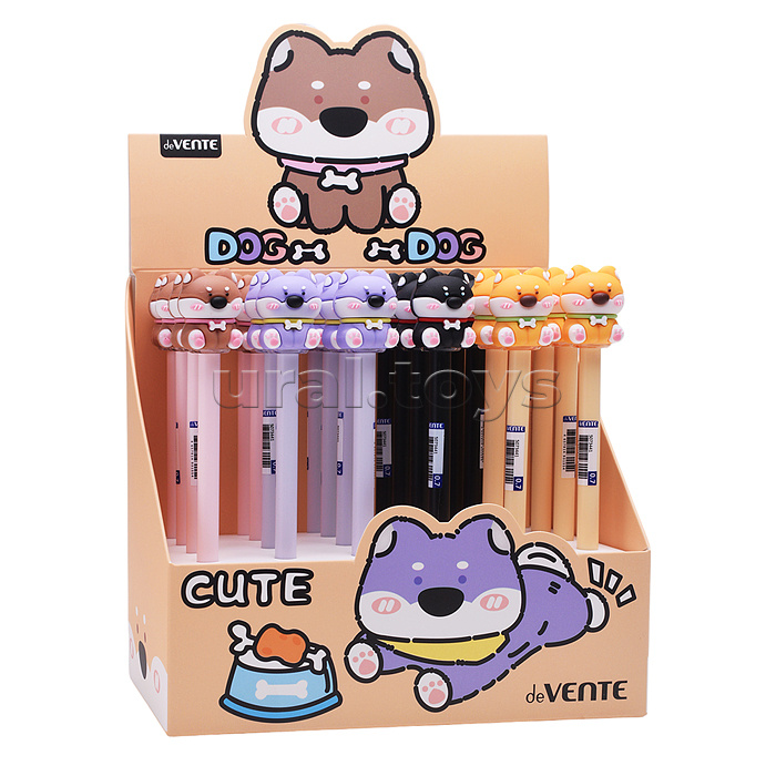 Ручка гелевая стираемая подарочная "Doggy" с декоративным элементом, d=0,5 мм, с ластиком, сменный стержень, индивидуальная маркировка, в картонном дисплее, синяя, ассорти 4 дизайна