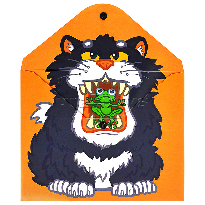 Папка-конверт на кнопке А5, пластик, "Кот с лягушкой" 180 мкм, двусторонняя печать Папка-конверт на кнопке А5, пластик, "Кот с лягушкой" 180 мкм, двусторонняя печать