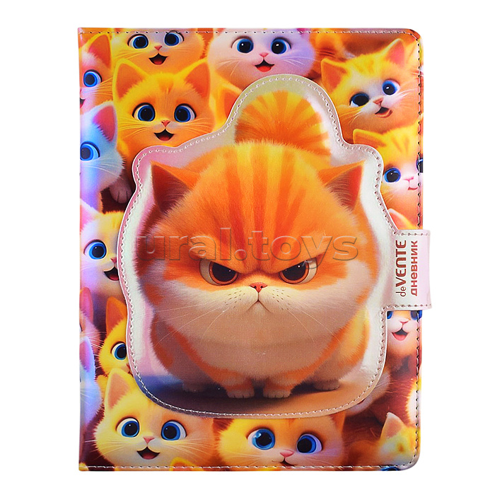 Дневник 1-11кл. "Angry Cat"  универсальный блок, 48 листов, белая бумага 80 г/м², печать в 1 краску, твердая обложка из искусственной кожи с поролоном, цветная печать, фигурная магнитная створка, отстрочка, 1 ляссе
