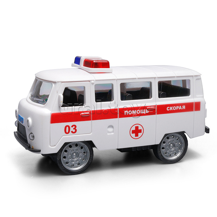 Машина пластик UAZ 452 "Скорая" 12см. (двери, белая) инерц., в коробке