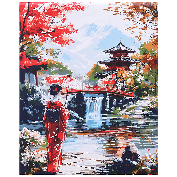 Холст с красками 40x50 по номерам "Девушка в японском саду" в коробке (30цв.)