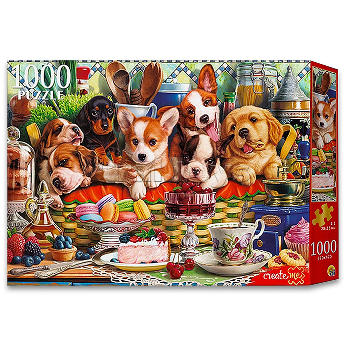 Пазлы 1000 "Щенки в корзине"