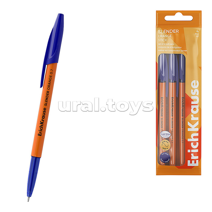 Набор из 4 ручек шариковых ErichKrause Slender Stick Orange 0.7, Super Glide Technology, цвет чернил синий (в пакете)
