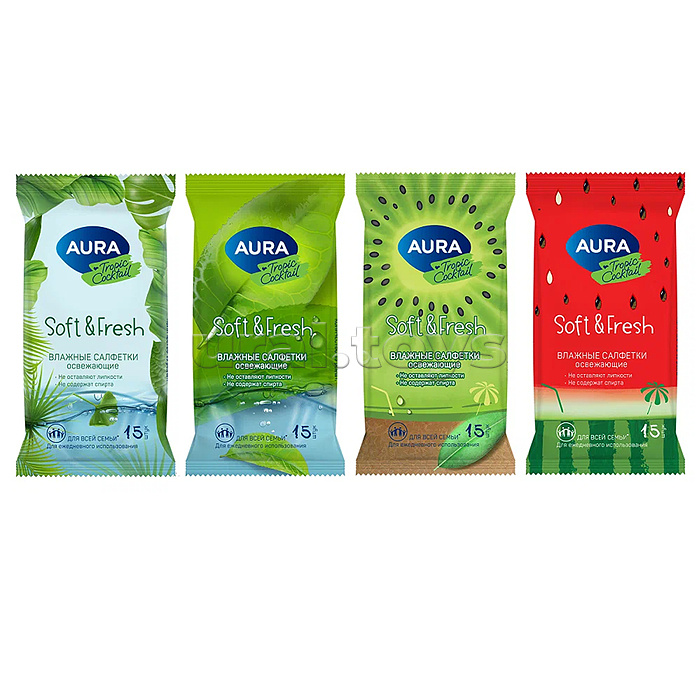 Салфетки влажные Aura "Tropic coctail", 15шт., освежающие, ассорти