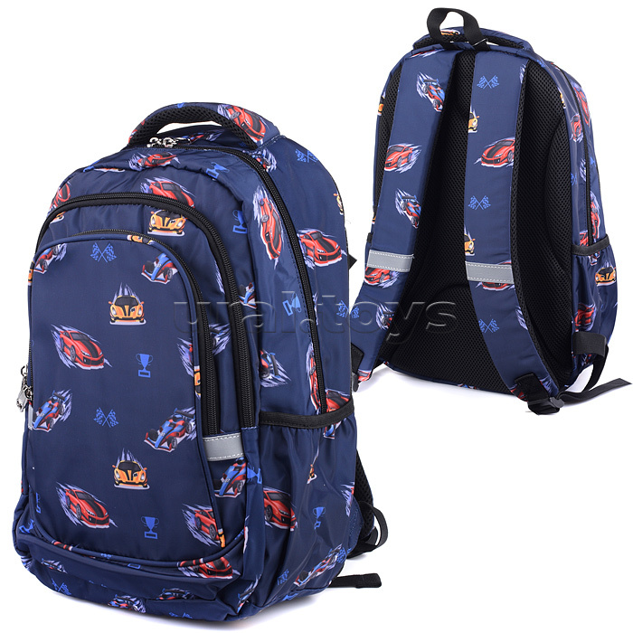 Рюкзак "Гонки" 3 отд. молния, для мальчиков, трехсекционный 20 л. синий, 40х28х18 см