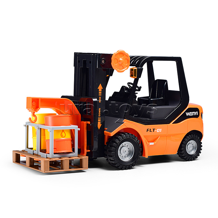 Погрузчик "Вилочный" с поддоном и бочками, 1:14 (свет, звук) в коробке