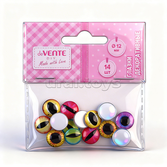 Глазки декоративные "DIY Animal Eyes" 14 шт, стеклянные, ассорти цветов, диаметр 12 мм, в пластиковом пакете с блистерным подвесом