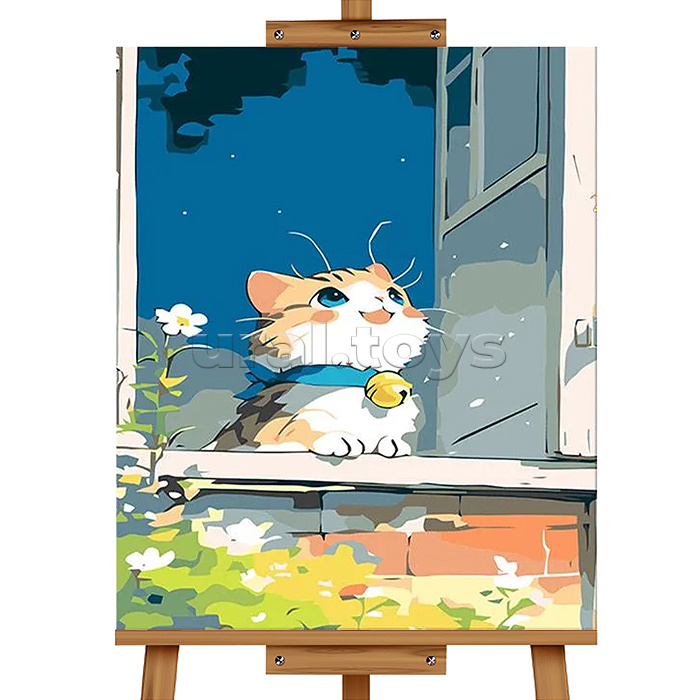 Картина по номерам"Котик на окне" 30*40 см, (цветной холст)