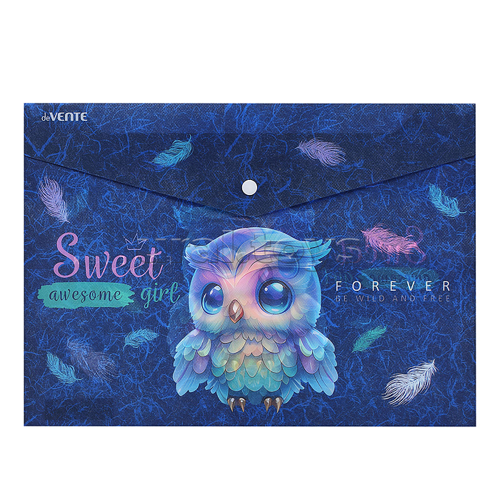 Папка-конверт на кнопке "Happy Owl" A4 (330x235 мм) 180 мкм, матовая полупрозрачная с рисунком, с искрящейся фактурой, индивидуальная маркировка