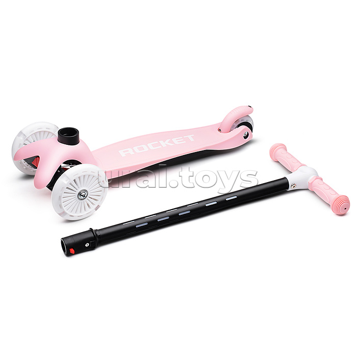 Самокат 3-х колесный ROCKET,колеса PU со светом, светящаяся стойка, ABEC 7, розовый