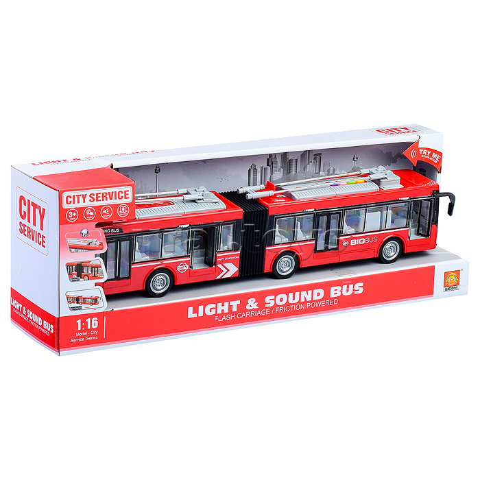 Троллейбус 1:16 (свет, звук) на батарейках, в коробке