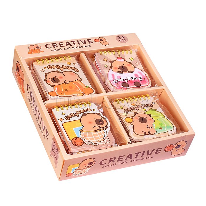 Блокнот на евроспирали "Капибара" 8.5х10 см, 60 листов, линованный внутренний блок, плотность бумаги 70 г/м2, 4 дизайна в ассортименте, ОПП-упаковка